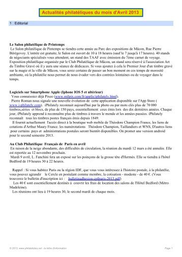ActualitÃ©s philatÃ©liques du mois d'Avril 2013 - Philatelistes.net