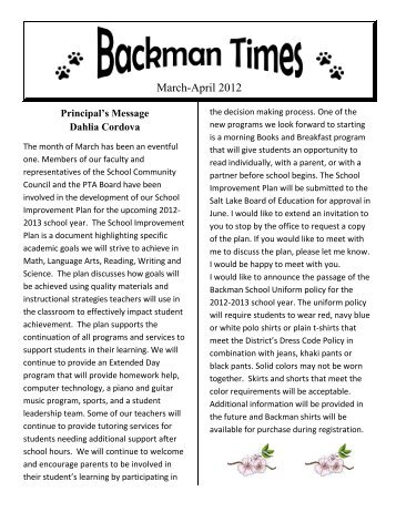 Principal's Message Dahlia Cordova - Backman Elementary School