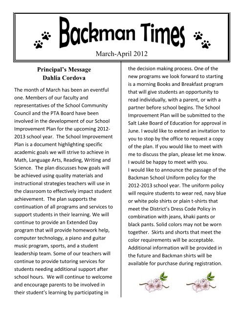 Principal's Message Dahlia Cordova - Backman Elementary School