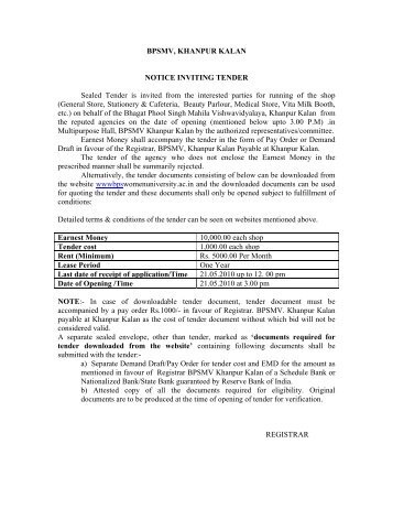 Tender Notice for Shops. - Bhagat Phool Singh Mahila ...