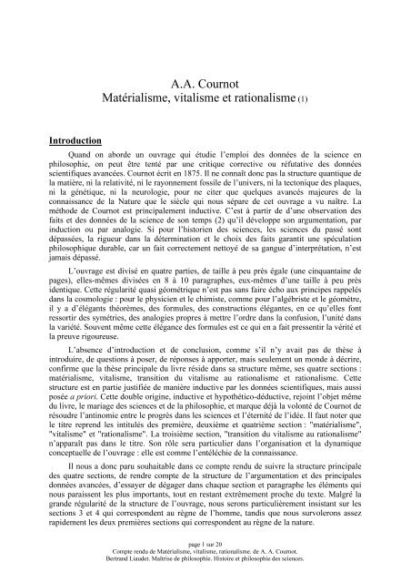 A.A. Cournot MatÃ©rialisme, vitalisme et rationalisme(1) - Site de ...