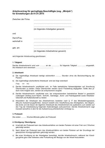 Arbeitsvertrag fÃ¼r geringfÃ¼gig BeschÃ¤ftigte (sog ... - Gruender-MV.de