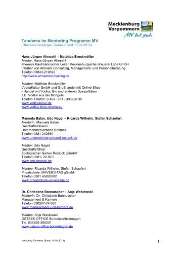 Liste Tandems im Mentoring-Programm - Gruender-MV.de