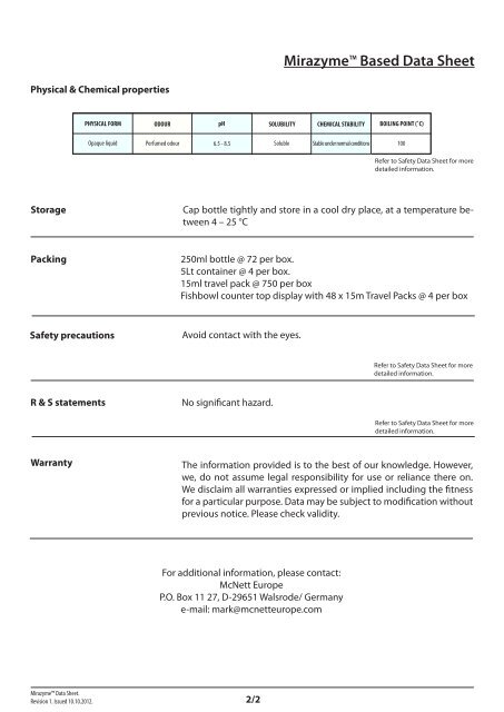 Mirazyme™ Data Sheet - McNett Europe