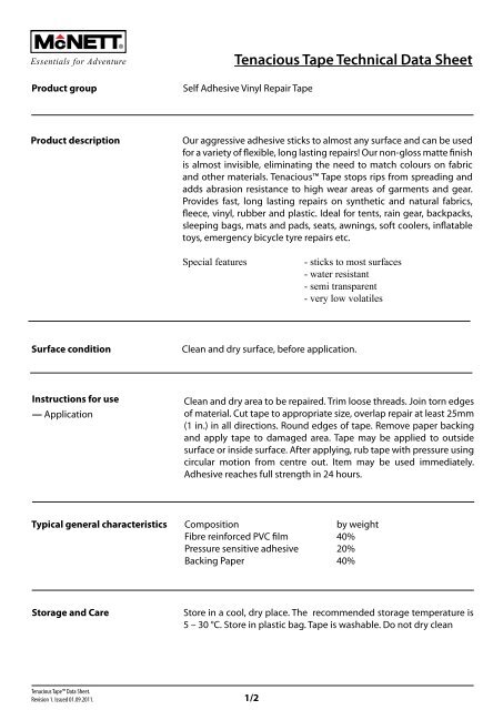 Tenacious Tape Technical Data Sheet - McNett Europe