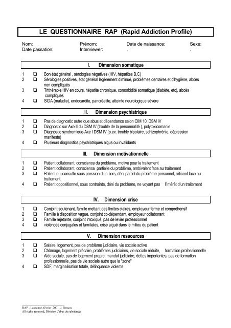 LE QUESTIONNAIRE RAP (Rapid Addiction Profile) - CollÃ¨ge ...