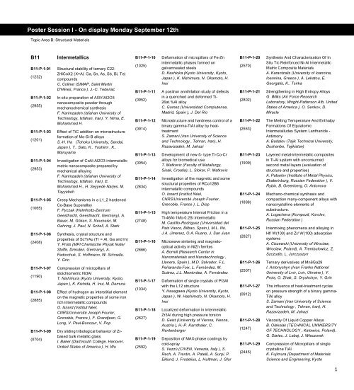 Poster Session I - On display Monday September 12th - Euromat 2011