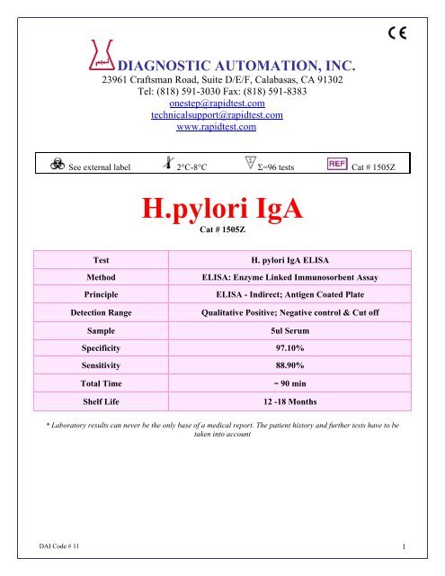 H.pylori IgA - ELISA kits - Rapid tests