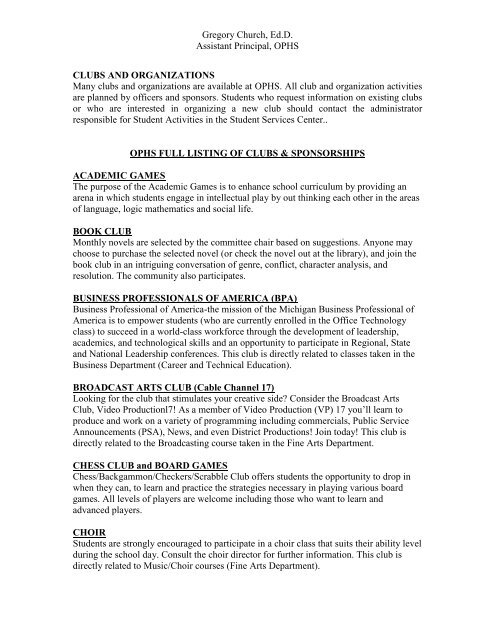 Ophs Full Listing Of Clubs Sponsorships Oak Park School