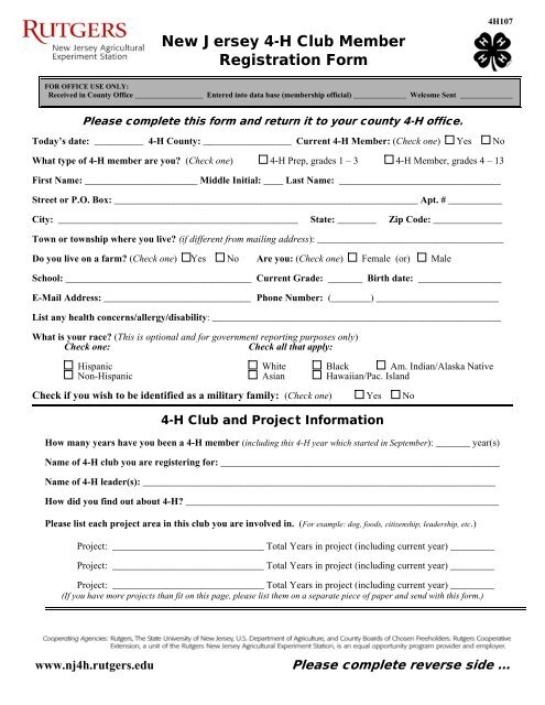 New Jersey 4-H Club Member Registration Form