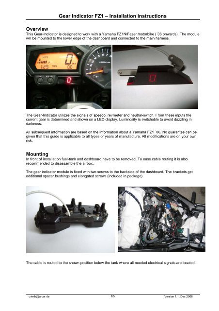 Gear Indicator FZ1 â€“ Installation instructions Overview Mounting