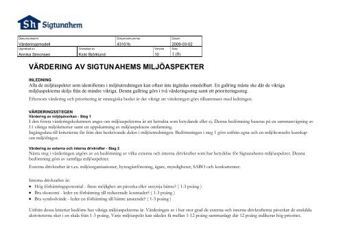VÃRDERING AV SIGTUNAHEMS MILJÃASPEKTER