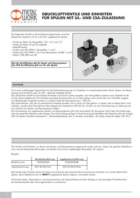 und csa-zulassung - METAL WORK