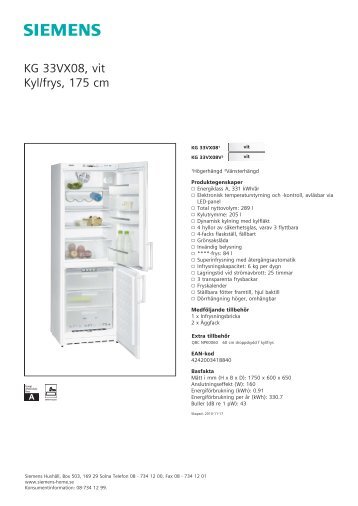 Kyl/frys Siemens Modell KG33VX08 - Sigtunahem