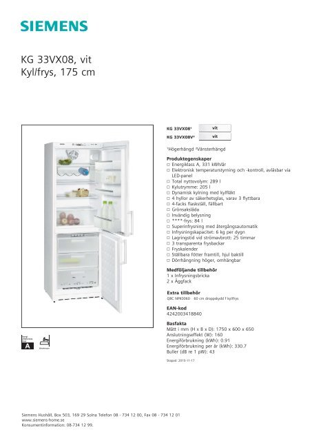 Kyl/frys Siemens Modell KG33VX08 - Sigtunahem