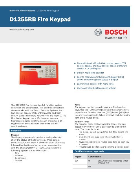 D1255rb Fire Keypad Bosch Security Systems