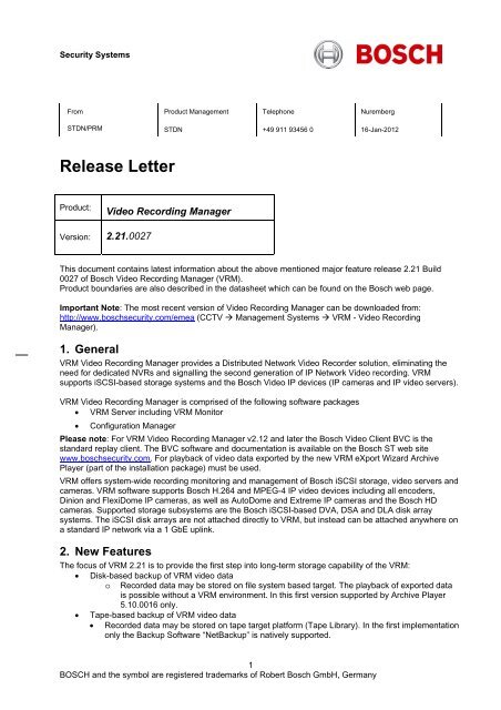 Release Note - Bosch Security Systems