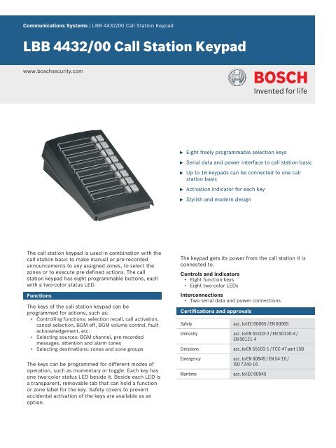 Lbb 4432 00 Call Station Keypad Bosch Security Systems