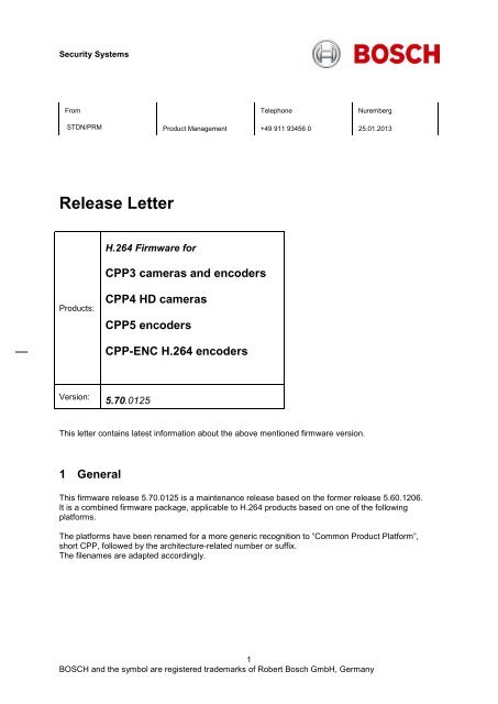 Release Note Bosch Security Systems