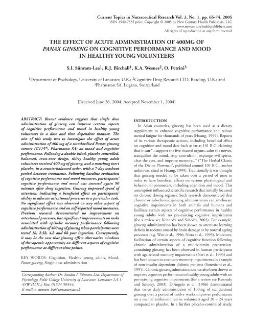the effect of acute administration of 400mg of panax ginseng