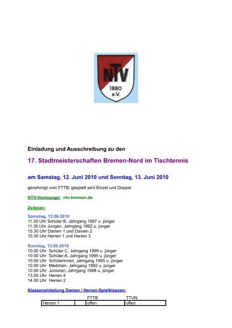 zur Turnier - Ausschreibung - Fachverband Tischtennis Bremen FTTB