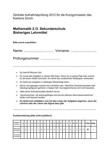 Mathematik Aufgaben - Zentrale AufnahmeprÃ¼fung