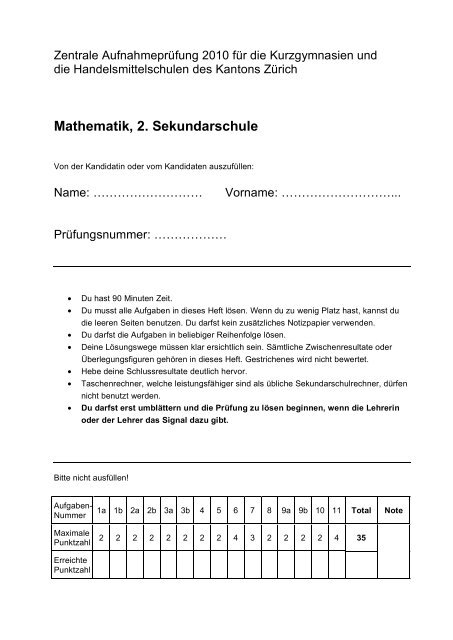 Mathematik Aufgaben 2. Sek - Zentrale AufnahmeprÃ¼fung