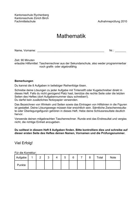 Mathematik Aufgaben - Zentrale AufnahmeprÃ¼fung