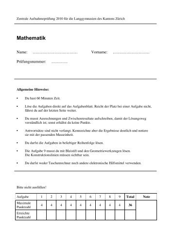 Mathematik - Zentrale AufnahmeprÃ¼fung