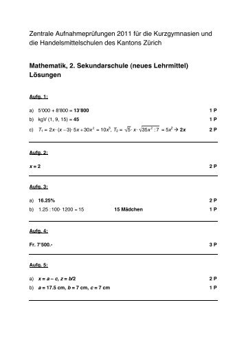 Mathematik LÃ¶sungen NLM 2. Sek - Zentrale AufnahmeprÃ¼fung