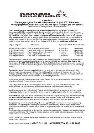 Treningsprogram for NM halvmaraton 10. juni 2007 i Namsos ...