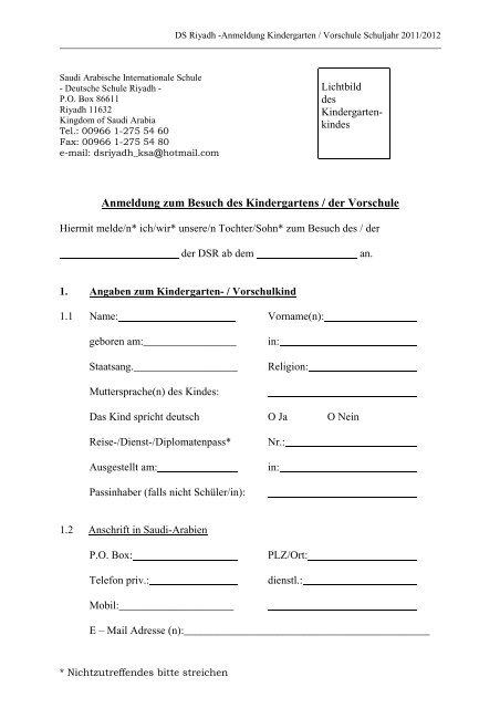 Anmeldung zum Besuch des Kindergartens / der Vorschule