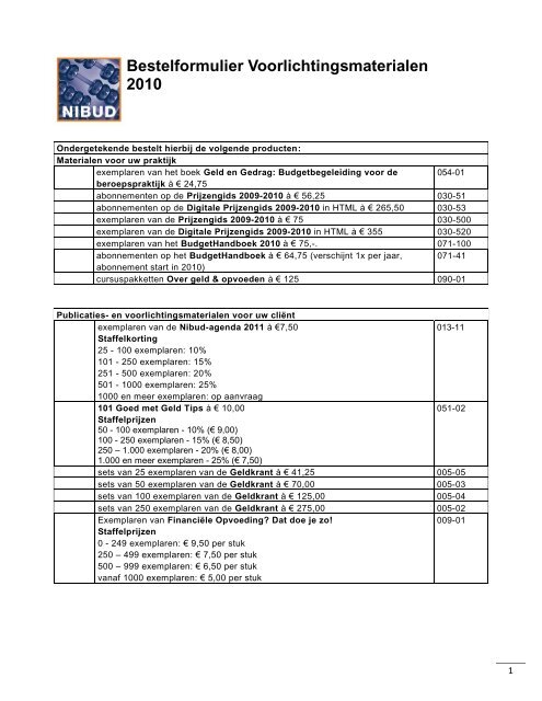 Bestelformulier Voorlichtingsmaterialen 2009 pdf - Nibud