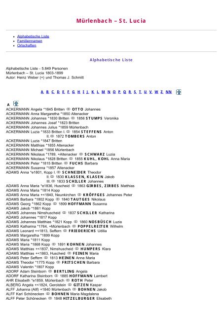 ABC-Listen zum Fmilienbuch rk. MÃ¼rlenbach - St. Lucia 1803 ... - WGfF