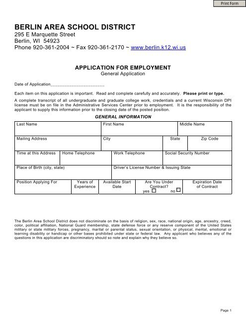 General Employment Application - Berlin Area School District