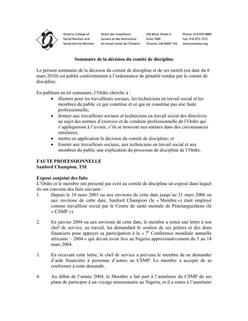 Sommaire de la dÃ©cision du comitÃ© de discipline - Ontario College ...