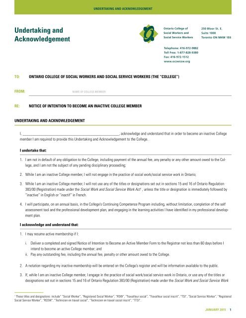 Undertaking and Acknowledgement - Ontario College of Social ...