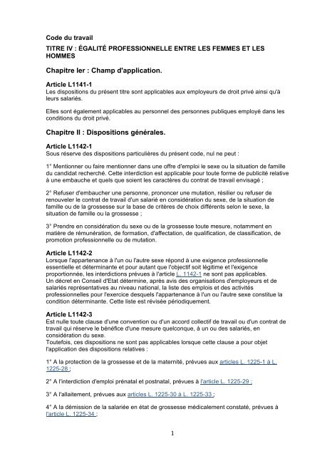 Code du travail- EgalitÃ© prof - Ligue des droits de l'Homme