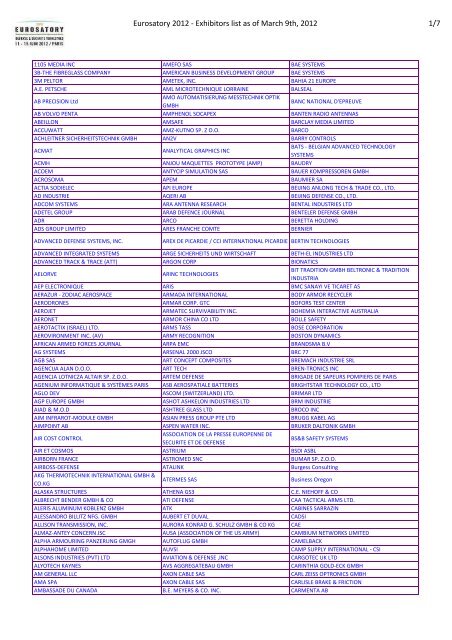 Eurosatory 2012 - Exhibitors list as of March 9th, 2012 - ADIMRA