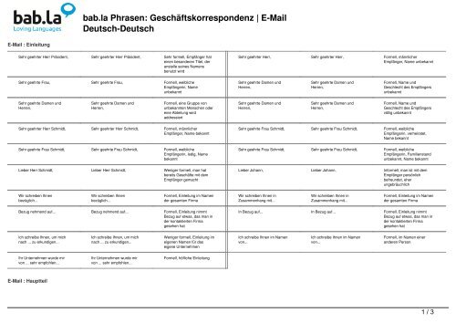 Phrasen: GeschÃ¤ftskorrespondenz | E-Mail (Deutsch-Deutsch) - Bab.la