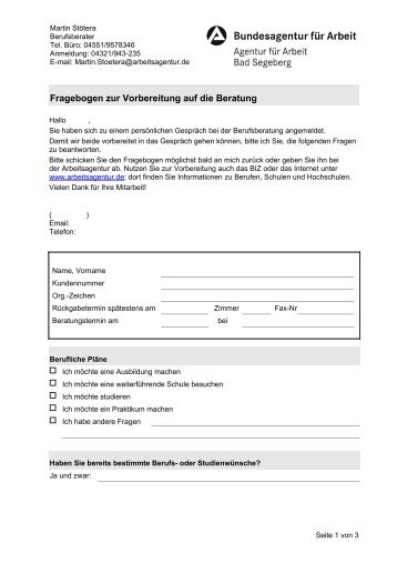 Fragebogen zur Vorbereitung auf die Berufsberatung - Paukerpage.de