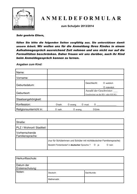 anmeldeformular - Integrierte Gesamtschule und RS+ Rheinzabern