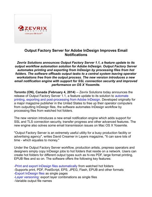 Output Factory Server for Adobe InDesign Improves Email Notifications