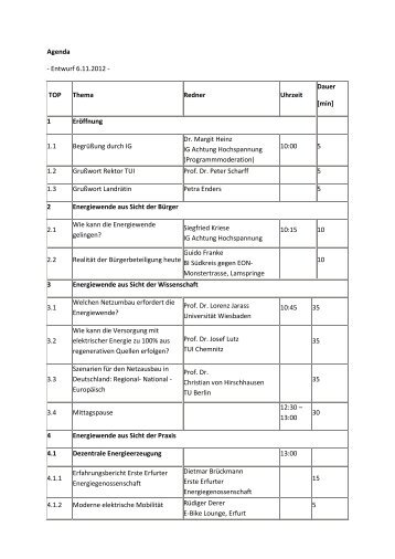 Agenda - Entwurf 6.11.2012 - TOP Thema Redner Uhrzeit Dauer ...