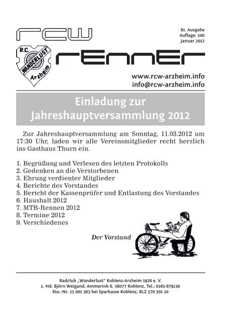 Einladung zur Jahreshauptversammlung 2012 - Radclub "Wanderlust"