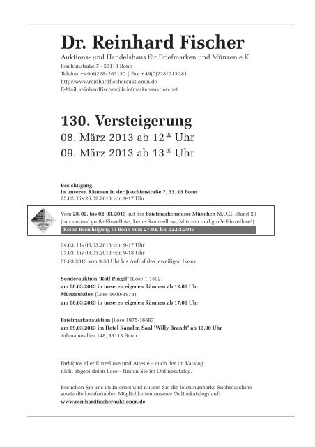 130. Versteigerung - Dr. Reinhard Fischer Briefmarken Auktions