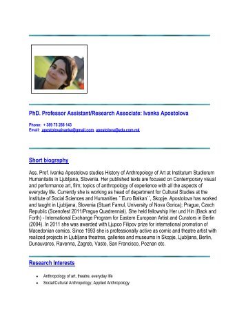 PhD. Professor Assistant/Research Associate: Ivanka Apostolova