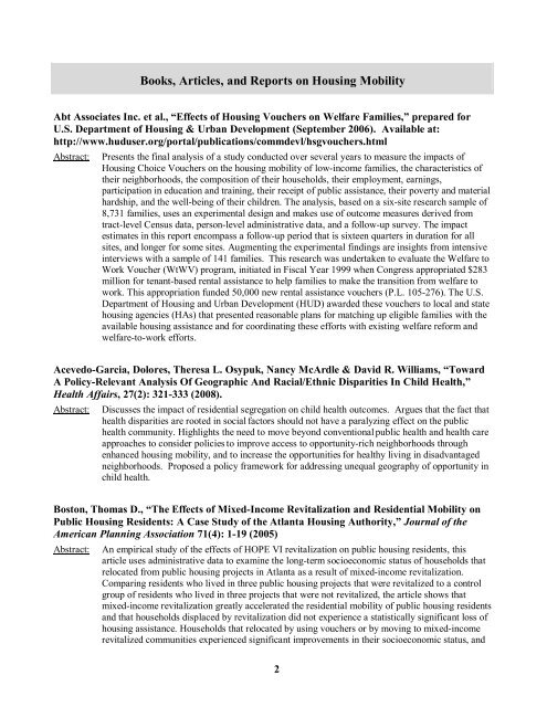 Annotated Bibliography of Housing Mobility Research 2006-2010