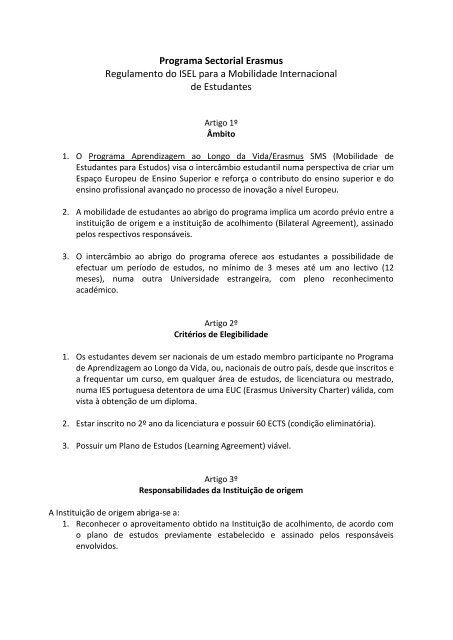 Programa Sectorial Erasmus Regulamento do ISEL para a ...