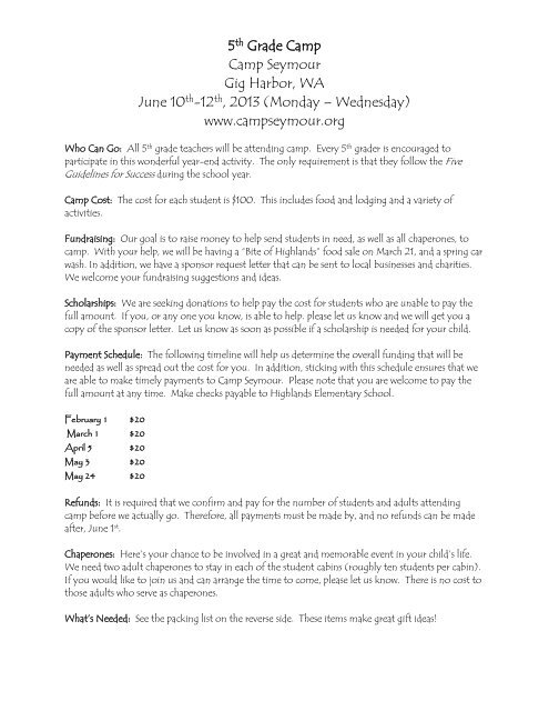 Camp Information And Packing List Camp Announcement2013 Pdf